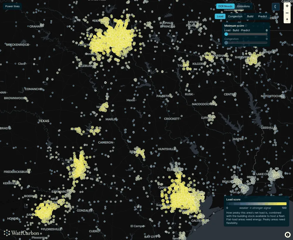 Load tab over east Texas. The Dallas–Fort Worth, Austin, San Antonio and Houston metros are bright yellow, and most rural points are dark blue.