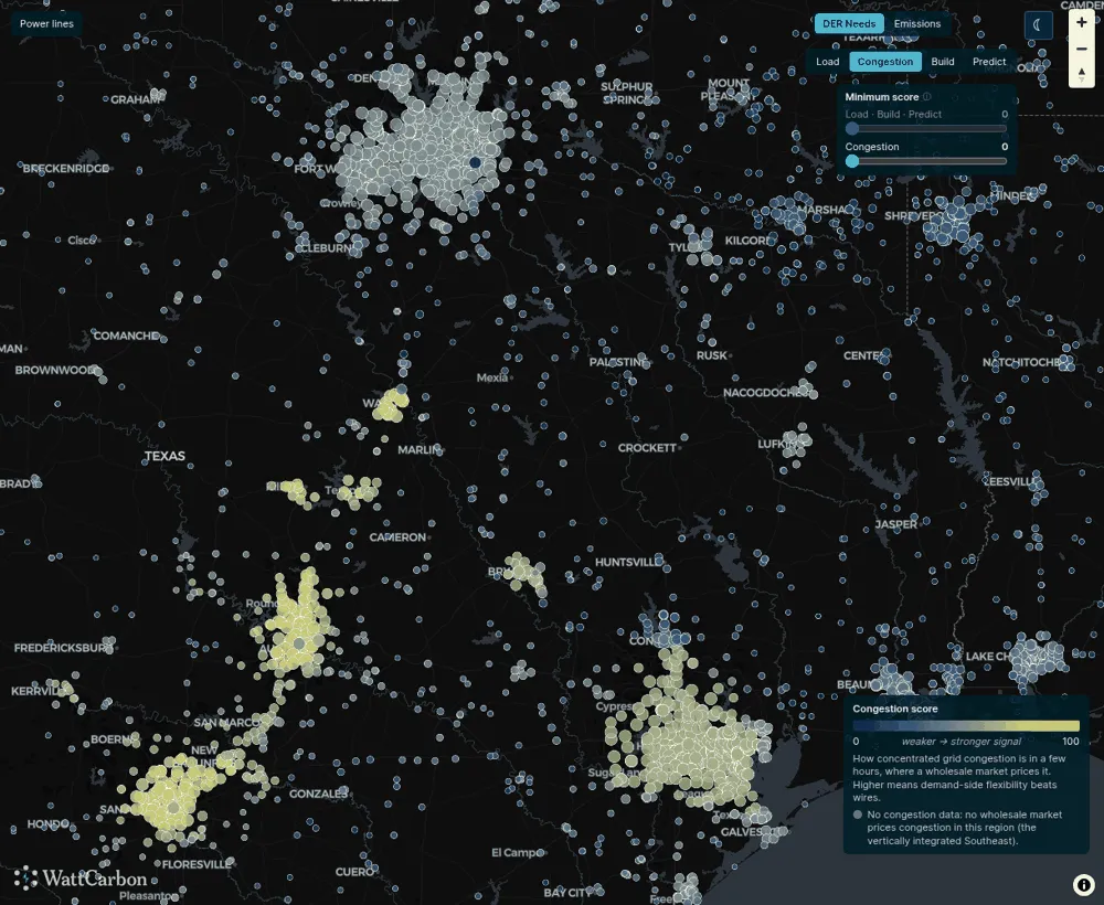 Congestion tab over the same area. Austin and San Antonio are near the yellow end, Dallas–Fort Worth and Houston sit mid-scale, and the Louisiana points are dark blue.