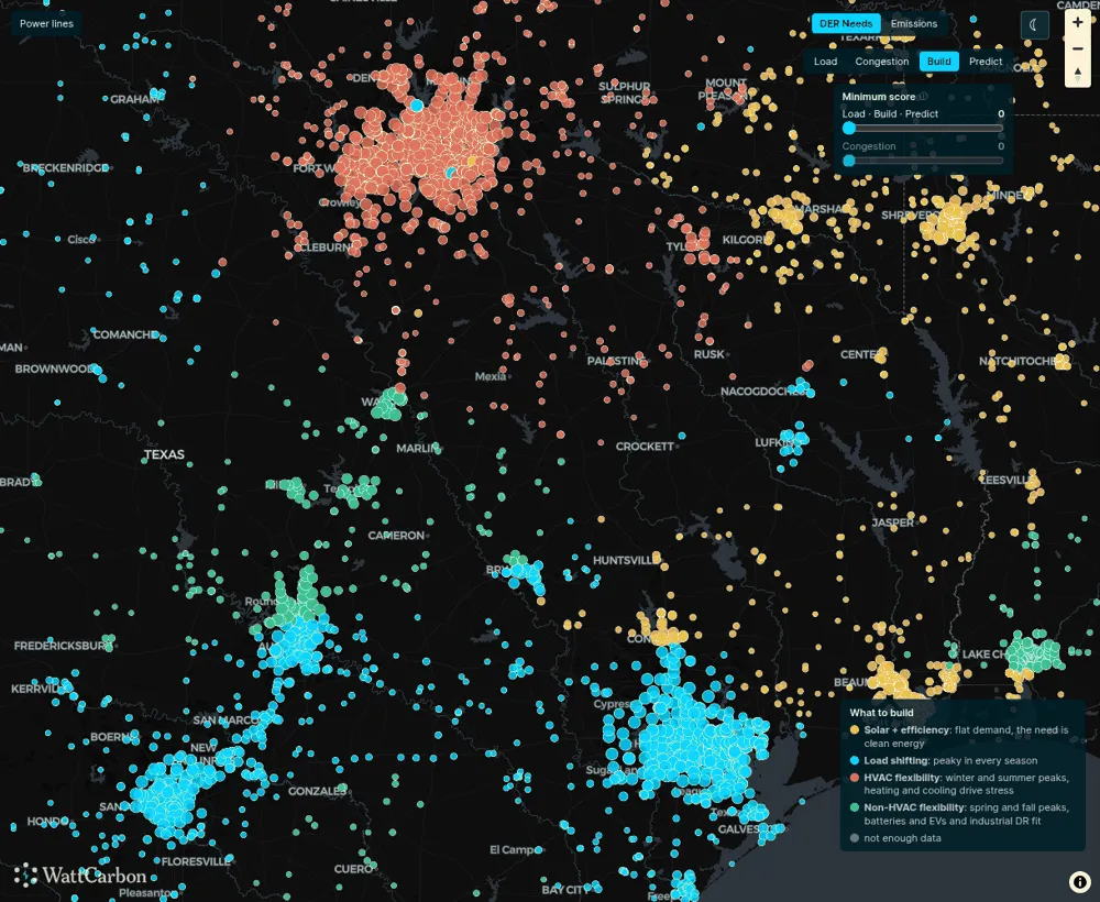 Build tab over east Texas. Coral covers Dallas–Fort Worth, cyan covers Houston, Austin and San Antonio, green marks Waco and Lake Charles, and yellow spreads across east Texas and Louisiana.