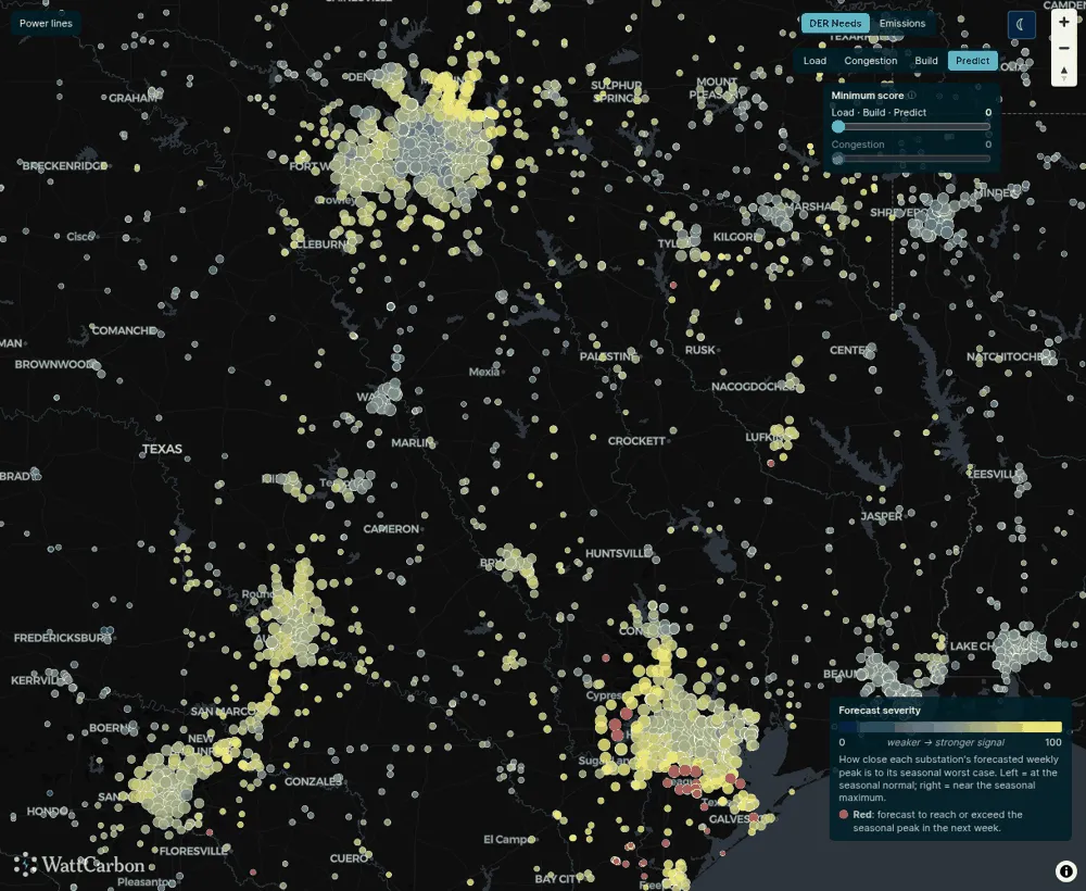 Predict tab over east Texas for one example week. Most points are pale, and a group of red points sits around Houston.